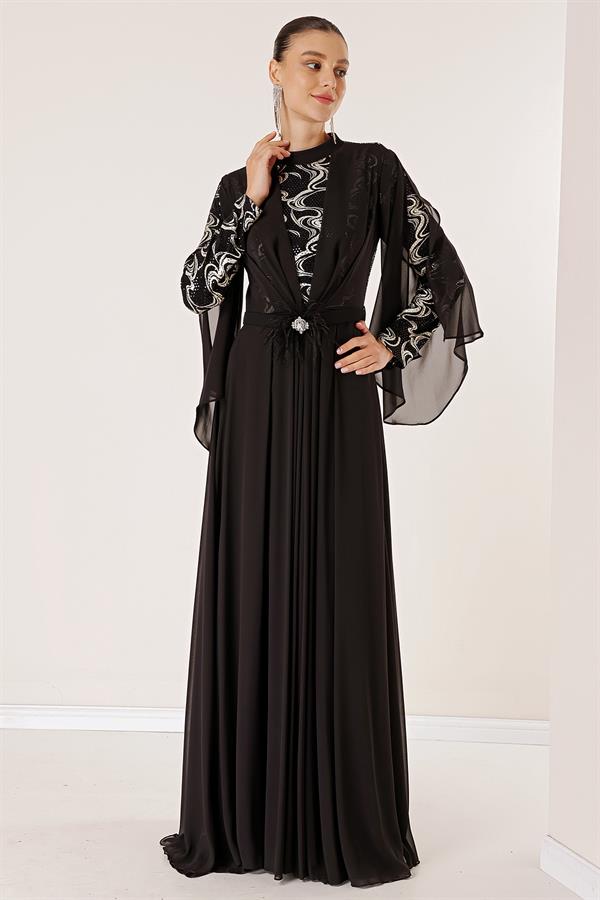 Pullu Yaldızlı Beli Taş Ve Tüy Detay Kemerli Astarlı Karışık Desenli Büyük Beden Şifon Uzun Tesettür Elbise