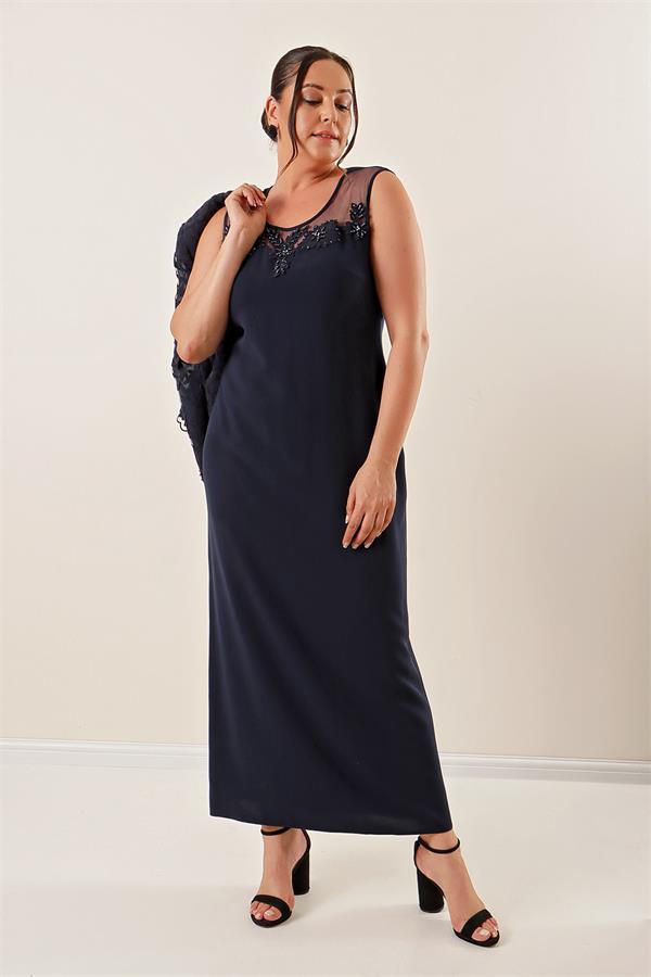 Boncuk İşlemeli Güpürlü Astarlı Elbise Ceket Büyük Beden 2'li Takım