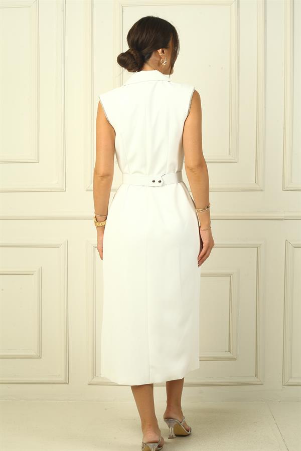 Women's Wrap Neck, Lined, Button-Front Crepe Dress with Stone Embellishments and Belt