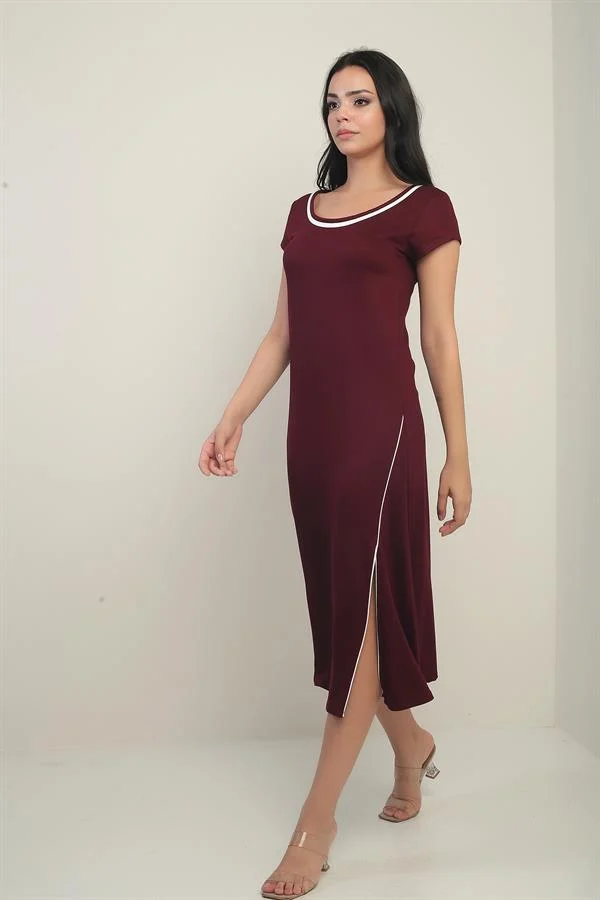 Women's Madonna Neckline Trimmed Slit Crystal Long Dress
