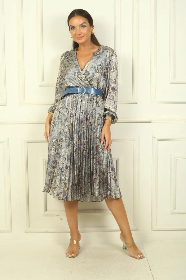 Kadın Kruvaze Yaka Beli Kemerli Astarlı Şal Desen Piliseli Saten Elbise