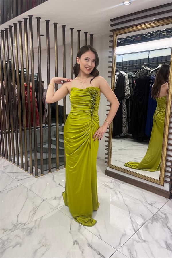 Women's Strapless 3D Floral Draped Lined Lycra Long Dress