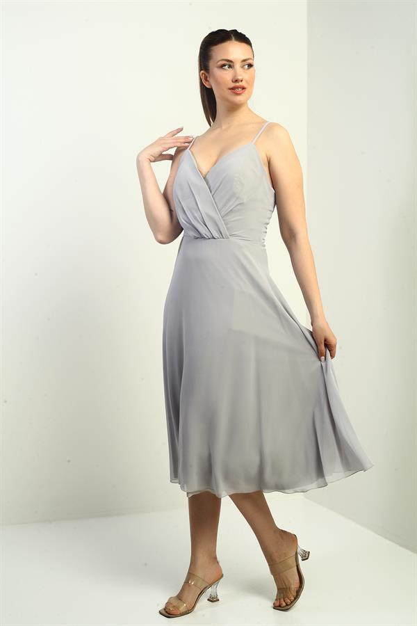 Women's Strappy Wrap Neckline Lined Lace-Up Back Flared Chiffon Dress