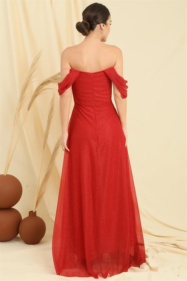 Low-Sleeved, Lined, Pleated Skirt, Glittery Long Tulle Dress