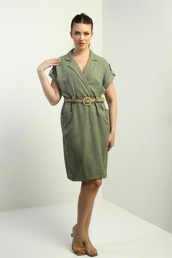 Women's Dress with Patch Pockets and Belt Waist