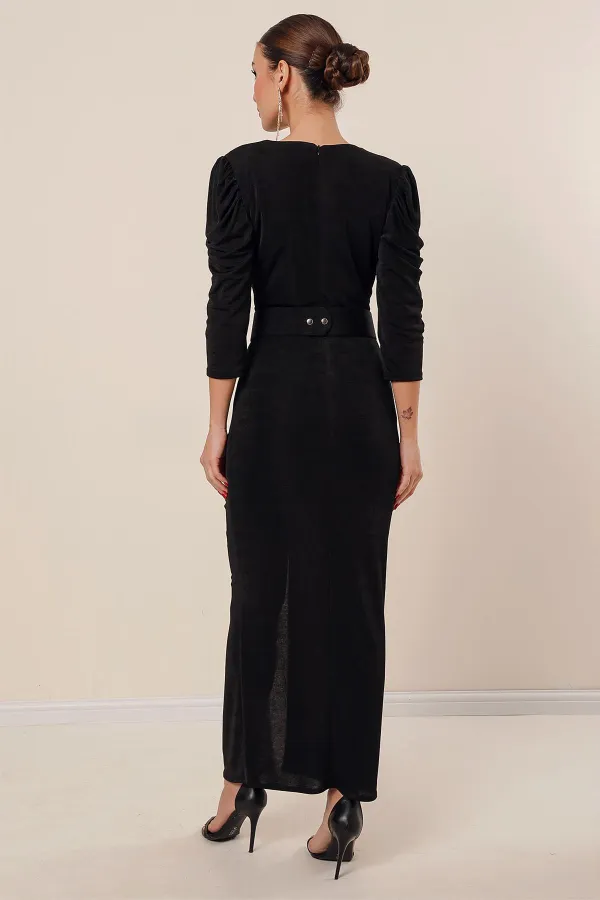 Beli Kemerli Kolları Önü Büzgülü Astarlı Likralı Elbise