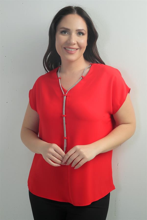 V-Neck Crepe Satin Necklace Plus Size Blouse