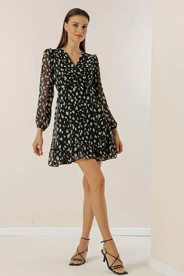 Double-Breasted, Tied Waist, Lined Dalmatian Chiffon Dress