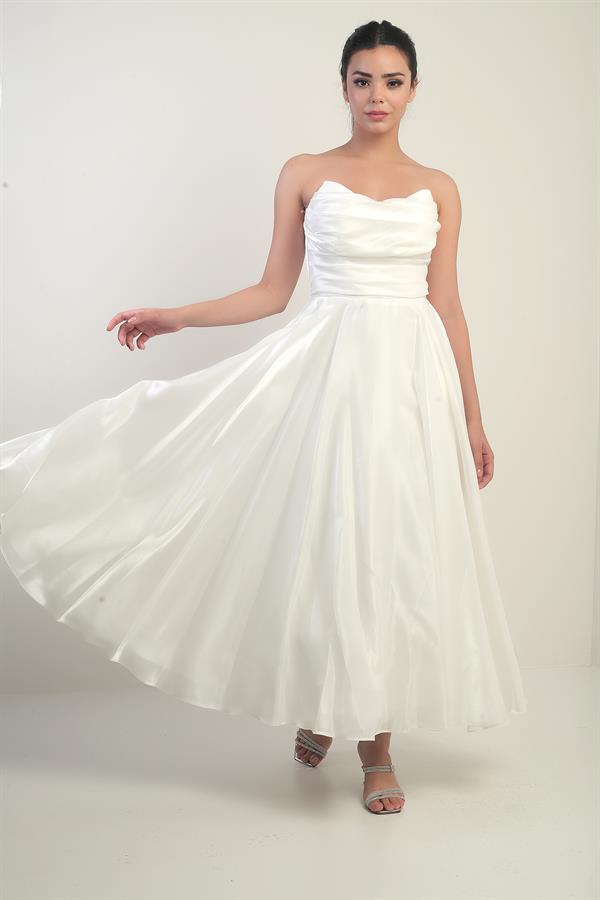 Kadın Degaje Straplez Yaka Astarlı Organze Saten Midi Elbise