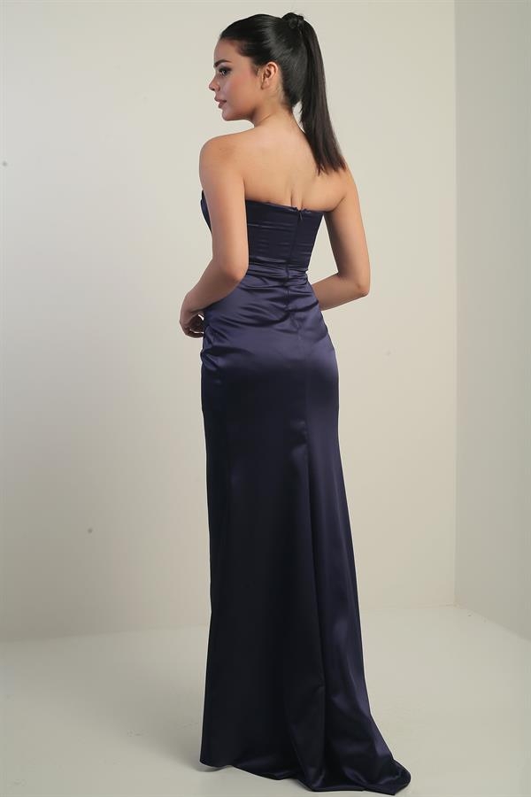 Women's Strapless Front Underwire Lined Satin Long Dress