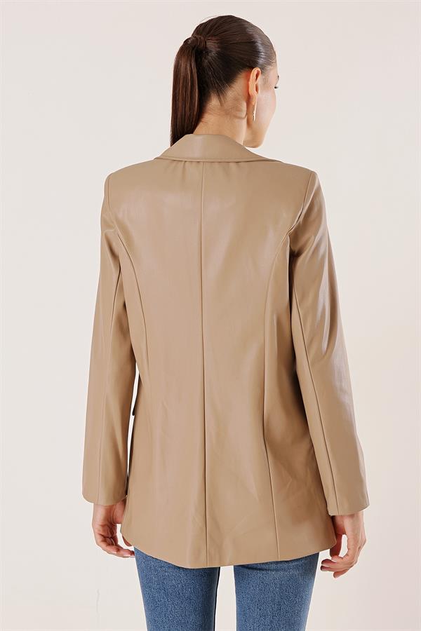 Çift Düğmeli Sahte Cepli Astarlı Deri Ceket