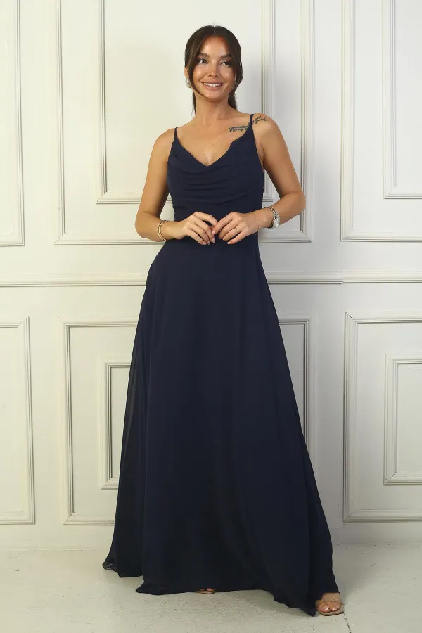 Kadın İp Askılı Drapeli Astarlı Şifon Uzun Elbise