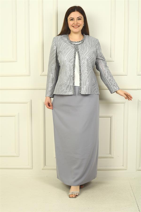 Ensemble 3 pièces grande taille pour femme : veste à sequins, chemisier à manches courtes, jupe longue doublée en crêpe