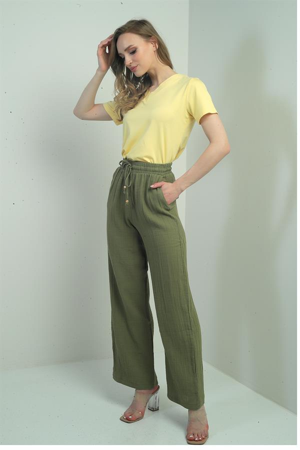 Women's Muslin Palazzo Pants with Elastic Waist and Pockets