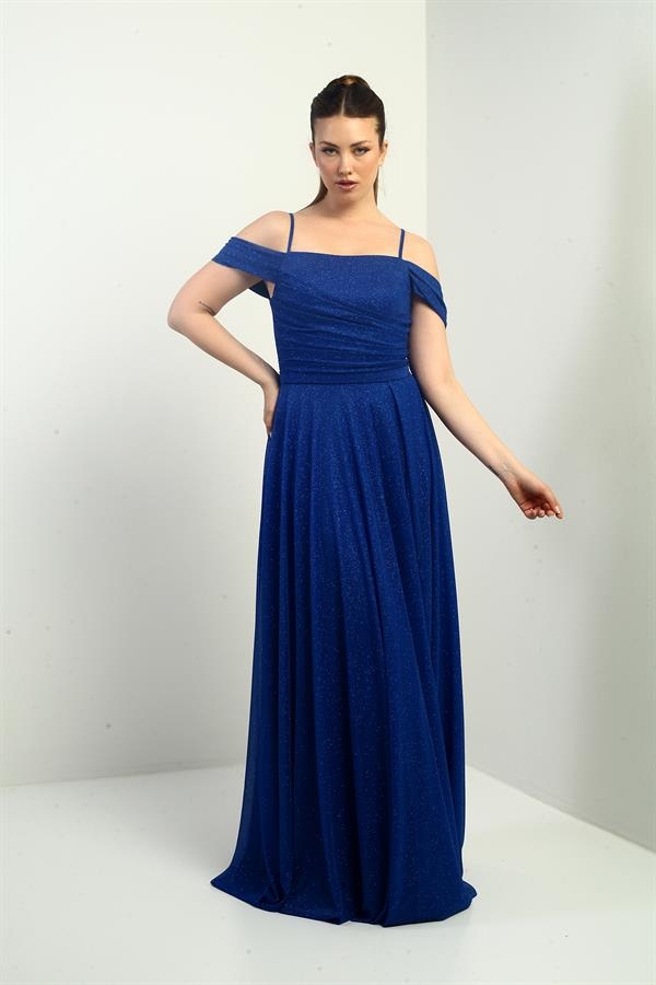 Women's Long Glittery Dress with Rope Straps and Flared Skirt