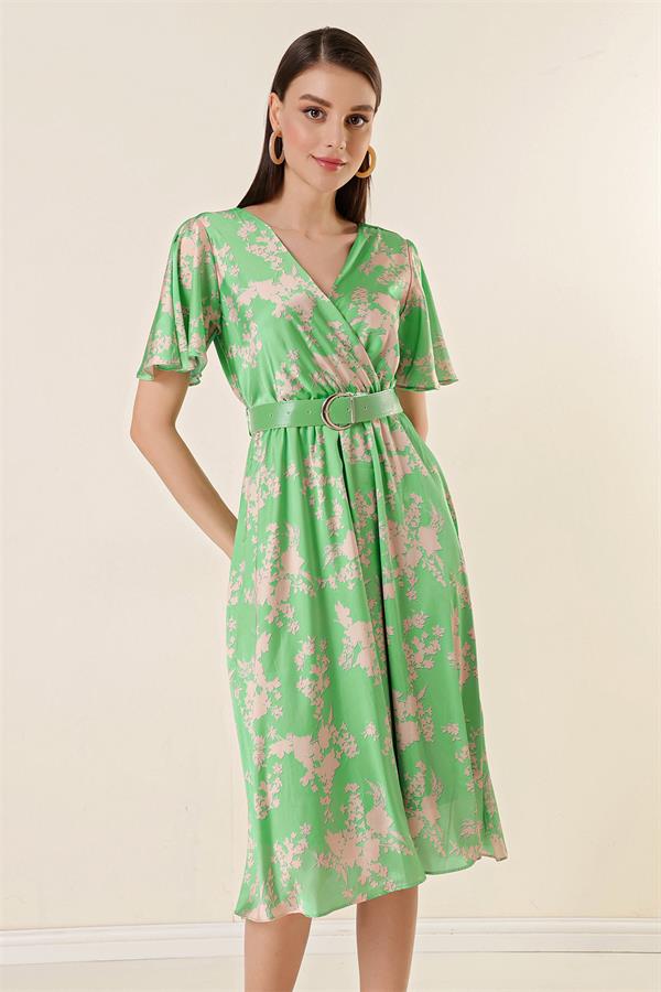 Ön Arka Kruvaze Yaka Astarlı Çiçekli Saten Elbi