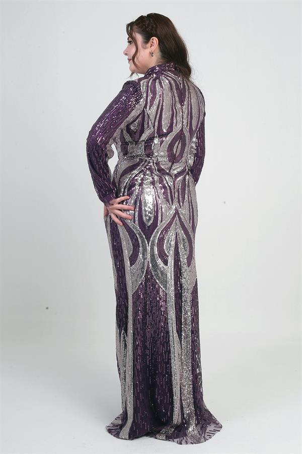 Women's High Neck Sequin Embellished Lined Plus Size Long Dress