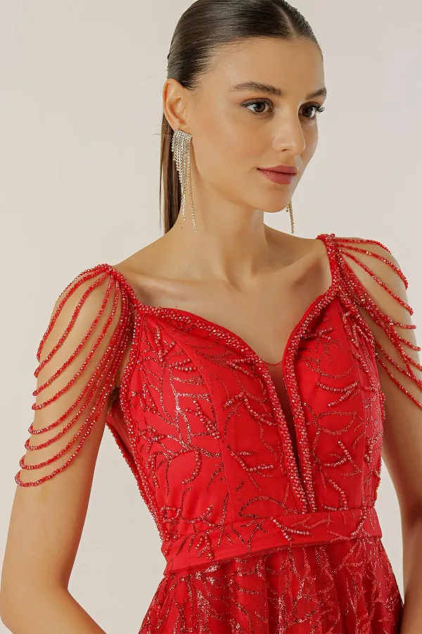 Boncuk Detaylı Astarlı Sim Flok Baskılı Uzun Elbise