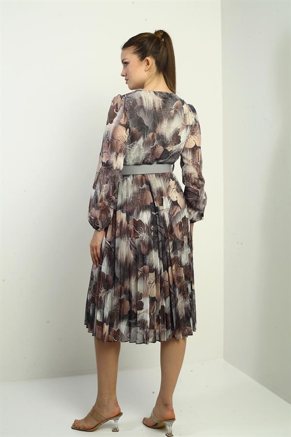 Women's Wrap Neckline Belted Lined Floral Patterned Pleated Midi Chiffon Dress