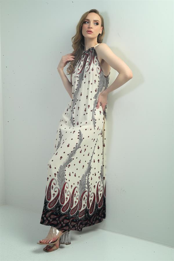 Women's Halter Neck Tie-Up Floral Print Long Dress with Pockets