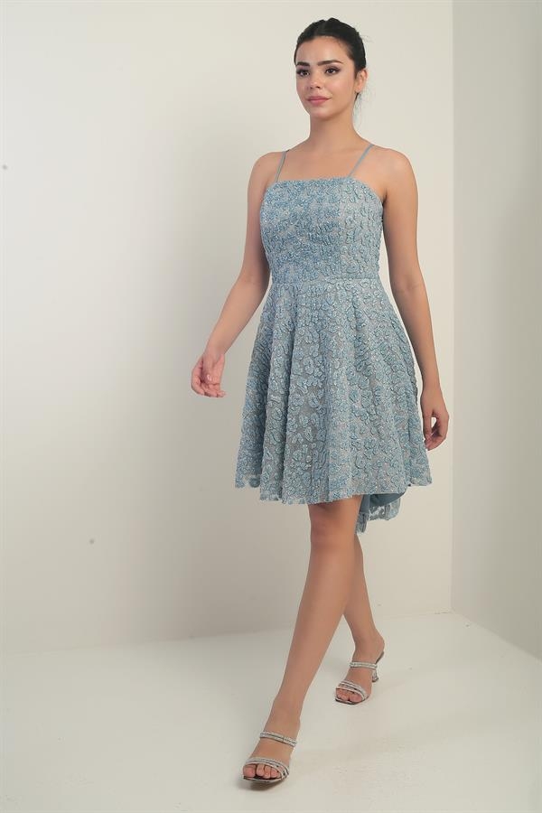 Women's Strappy Lined Glitter Flock Printed Short Flared Dress