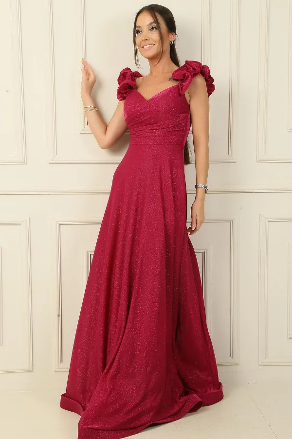 Düşük Volan Kol Drapeli Astarlı Simli Uzun Elbise