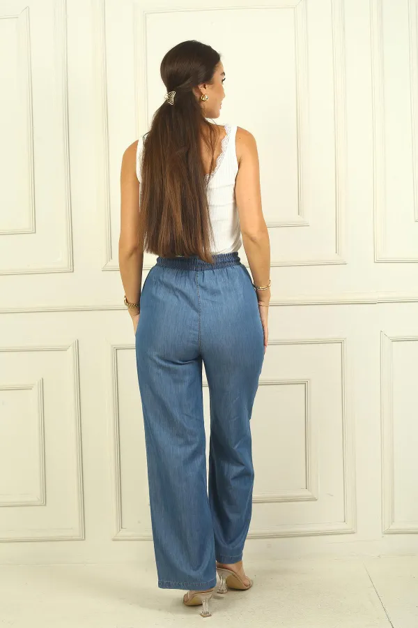Pantalon palazzo à jambes larges, taille élastique, poches latérales et doublure en lyocell