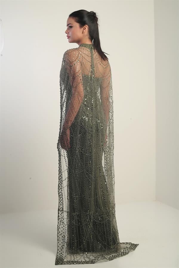 Women's Strapless Stone-Sequin Embroidered Cape-Lined Long Evening Dress