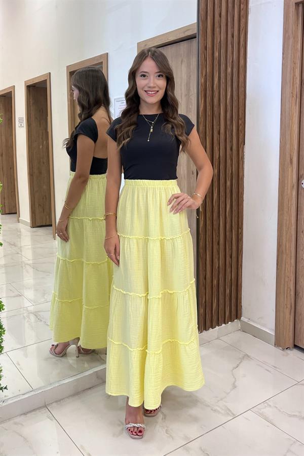 Women's Layered Muslin Long Skirt with Elastic Waist