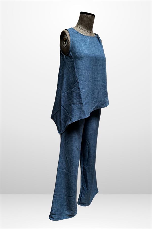 Kadın  Toka Detaylı Eteği Asimetrik Bluz Beli Lastikli Cepli Palazzo Pantolon Keten 2'li Takım