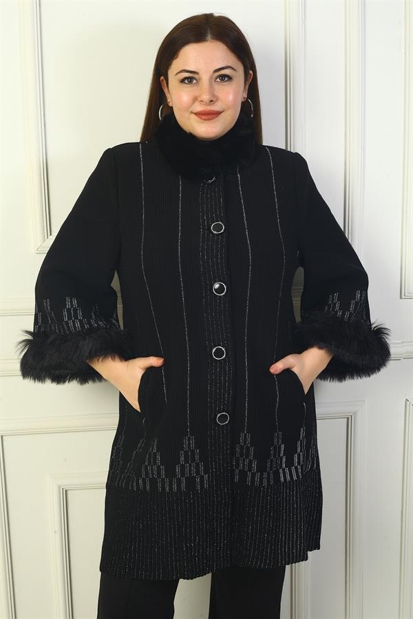 Cardigan grande taille à motif pyramidal pailleté avec col en fourrure amovible et poche boutonnée sur le devant pour femme