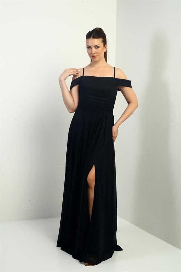 Kadın İp Askılı Eteği Kloş Astarlı Uzun Simli Elbise