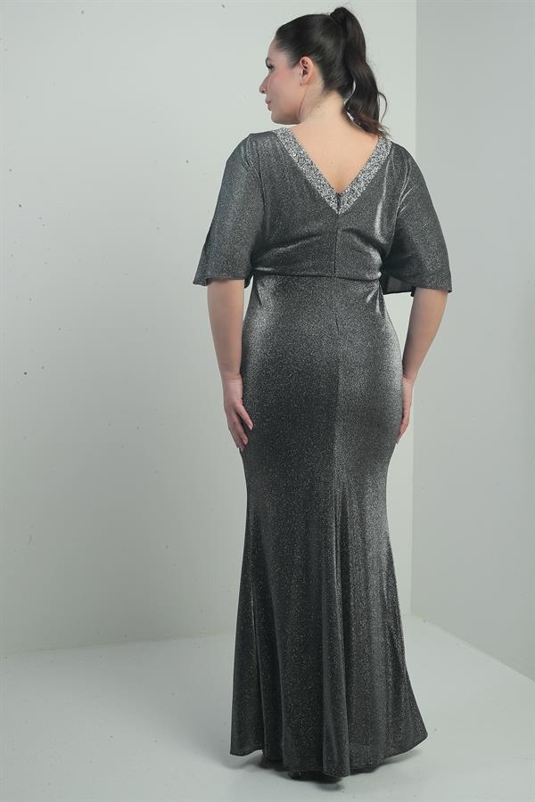 Robe longue pailletée grande taille pour femme, décolleté en V, doublure, manches chauve-souris, devant et dos délavés