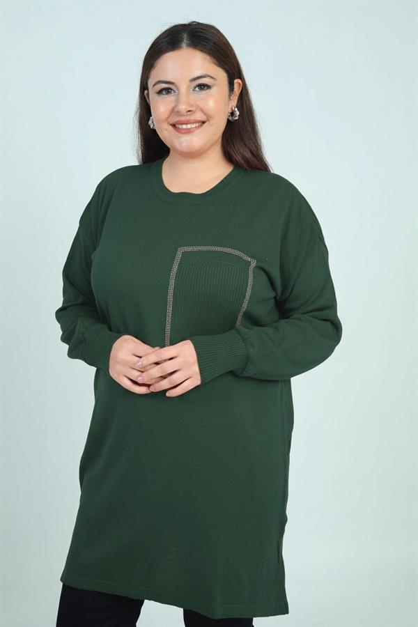 Women's Single Front Pocket Stone Print Detailed Plus Size Knitwear Tunic Blouse