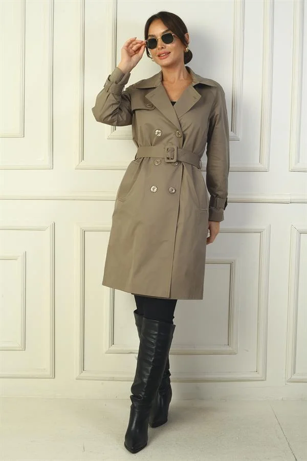 Women's Trench Coat with Belted Waist and Sleeves, Button-Front and Pockets