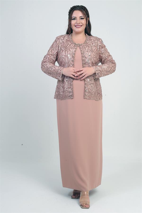 Ensemble 2 pièces pour femme, comprenant une veste en tulle ornée de sequins et de perles, une robe longue à manches demi-lune en crêpe doublée et un pantalon grande taille.