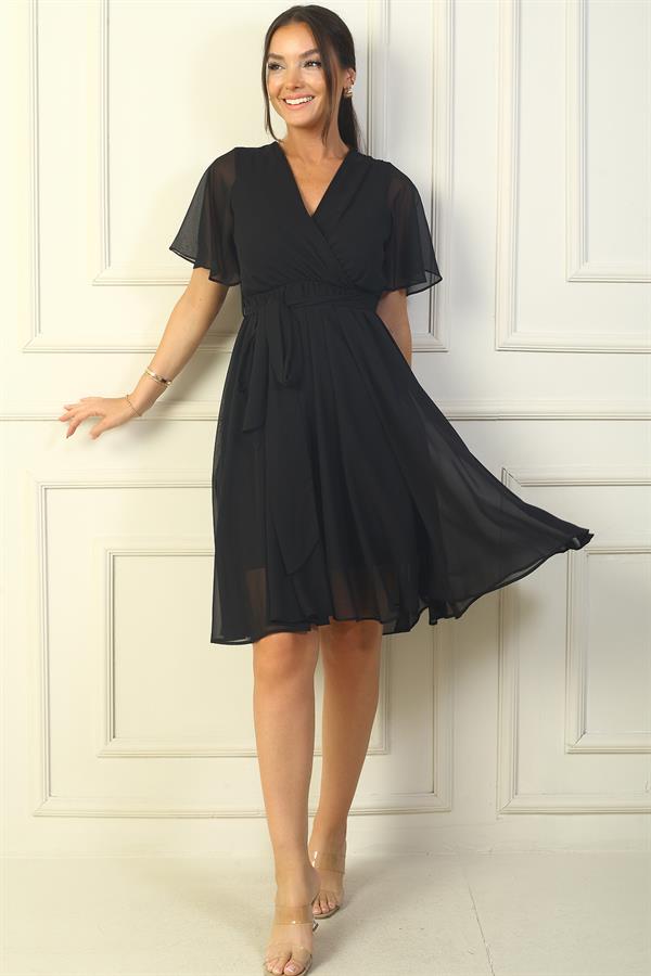 Women's Wrap Neckline Ruffled Sleeve Lined Chiffon Dress