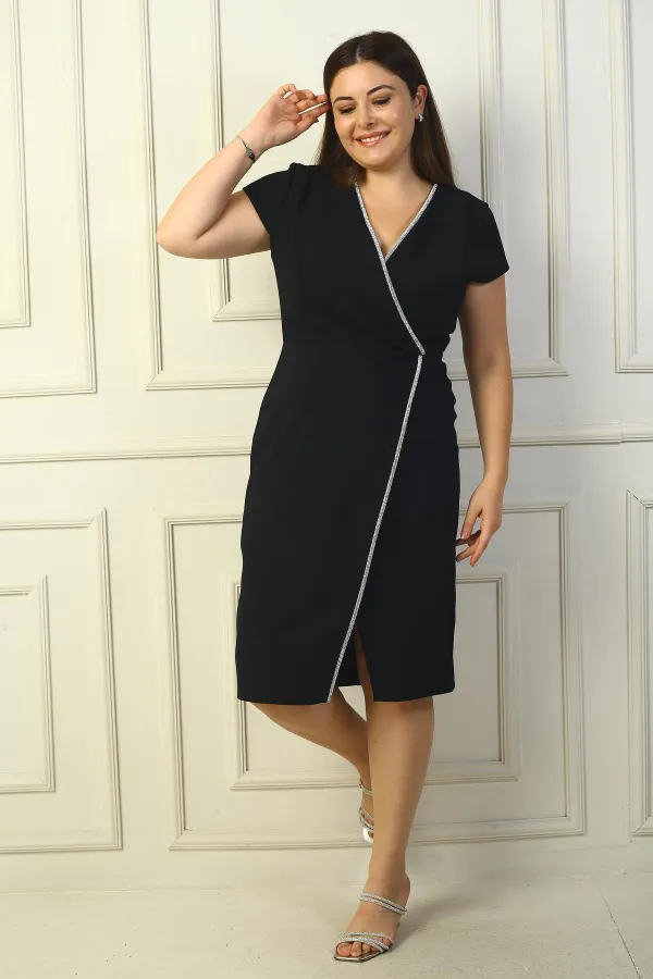 Women's Wrap Neck Half-Moon Sleeve Embellished Front Slit BB Dress