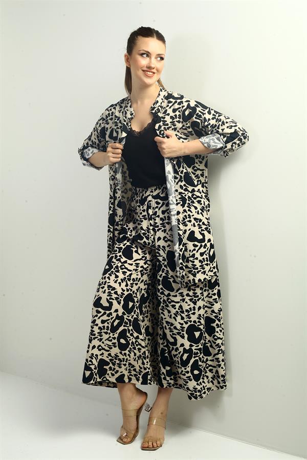 Women's Side Slit Tunic Shirt, Elastic Waist Pocketed Palazzo Pants, Mixed Pattern Oversize 2-Piece Set