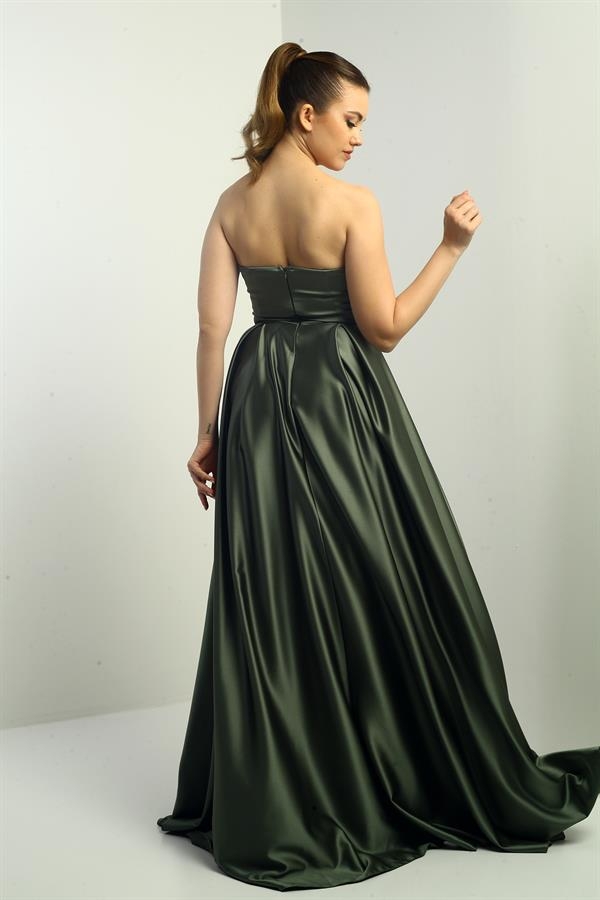 Women's Strapless, Lined, Front Underwire, Flared Long Satin Evening Dress with Pocket