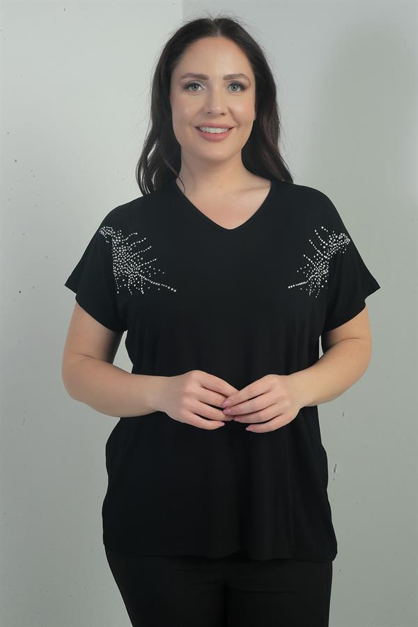 Women's Shoulder Stone Print V-Neck Batwing Sleeve BB Blouse