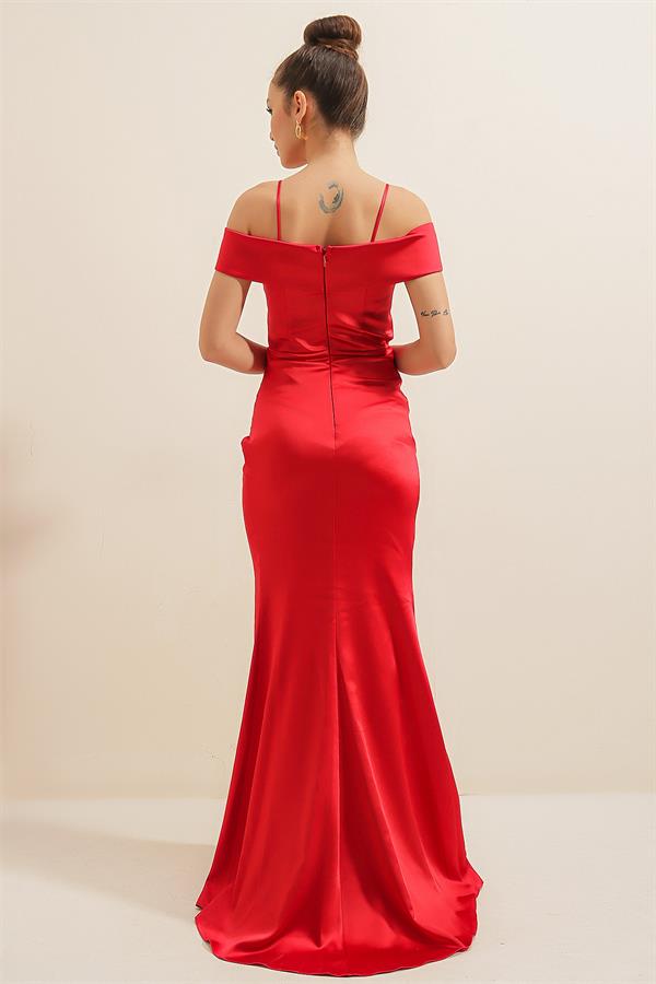 Boat Neck Pleated Skirt Lined Satin Long Dress