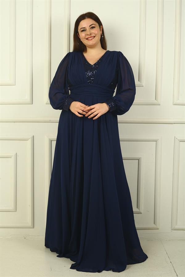 Kadın Ön Arka V Yaka Üstü Pulpayet Astarlı Büyük Beden Uzun Şifon Abiye Elbise