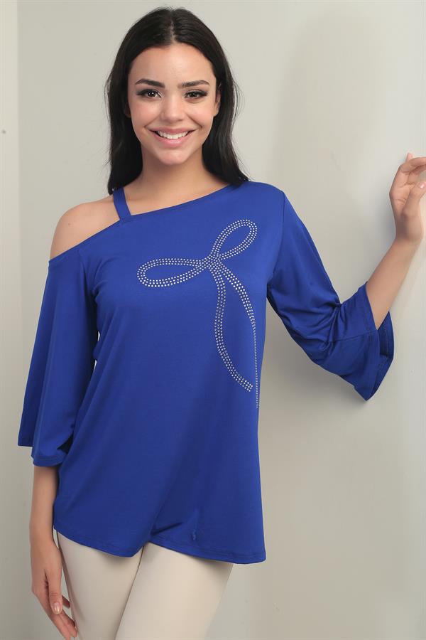 Women's One-Shoulder Blouse with Bow and Rhinestone Print, Lycra