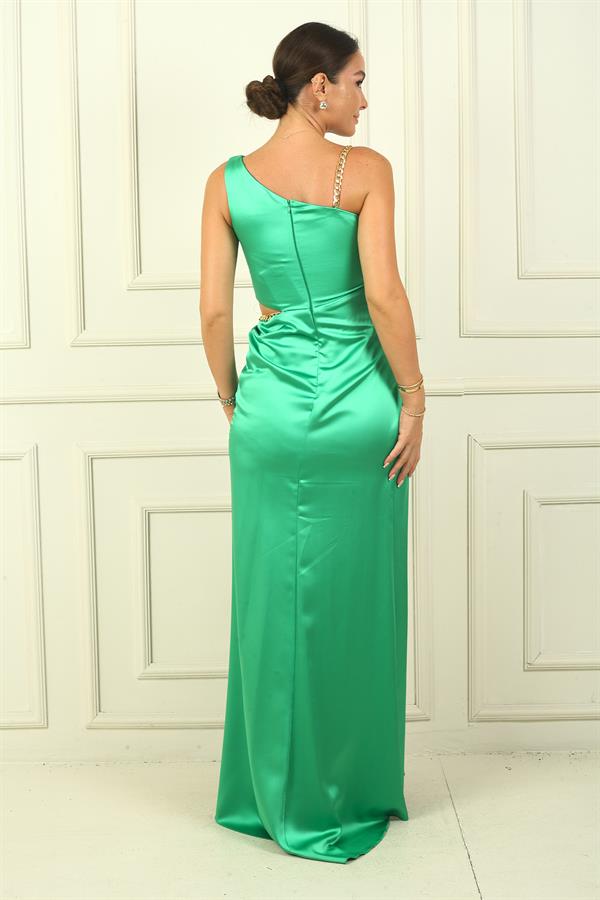 One-Shoulder, Waist-Decline, Chain-Detailed Satin Evening Dress
