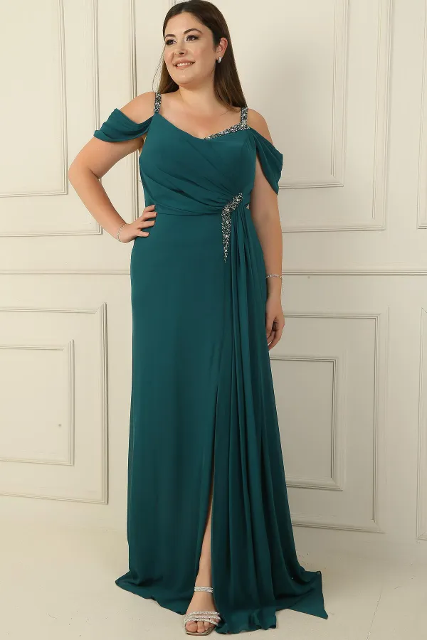 Kadın Taş Detay Askılı Düşük Kol Yanı Mendil Yırmaçlı Askılı Büyük Beden Şifon Uzun Elbise