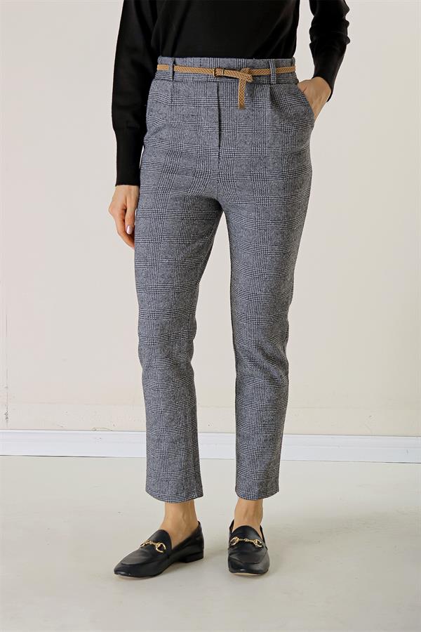 Bel Lastikli Kemerli Yandan Cepli Ekose Dar Paça Pantolon