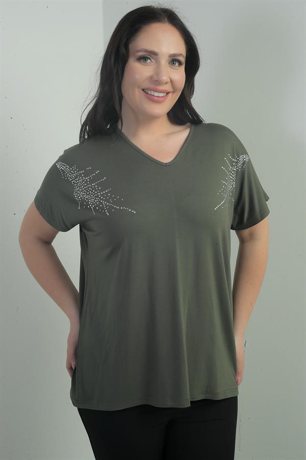 Kadın Omuzu Taş Baskılı V Yaka Yarasa Kol B.B. Bluz