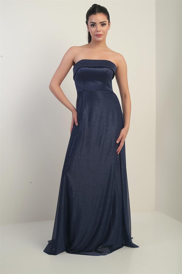 Kadın Yakası Süngerli Astarlı Simli Uzun Tül Elbise