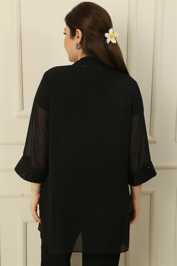 Ensemble 2 pièces grande taille : chemisier sans manches à sequins et col en V, veste en mousseline à détails bronzés et poignets à sequins.